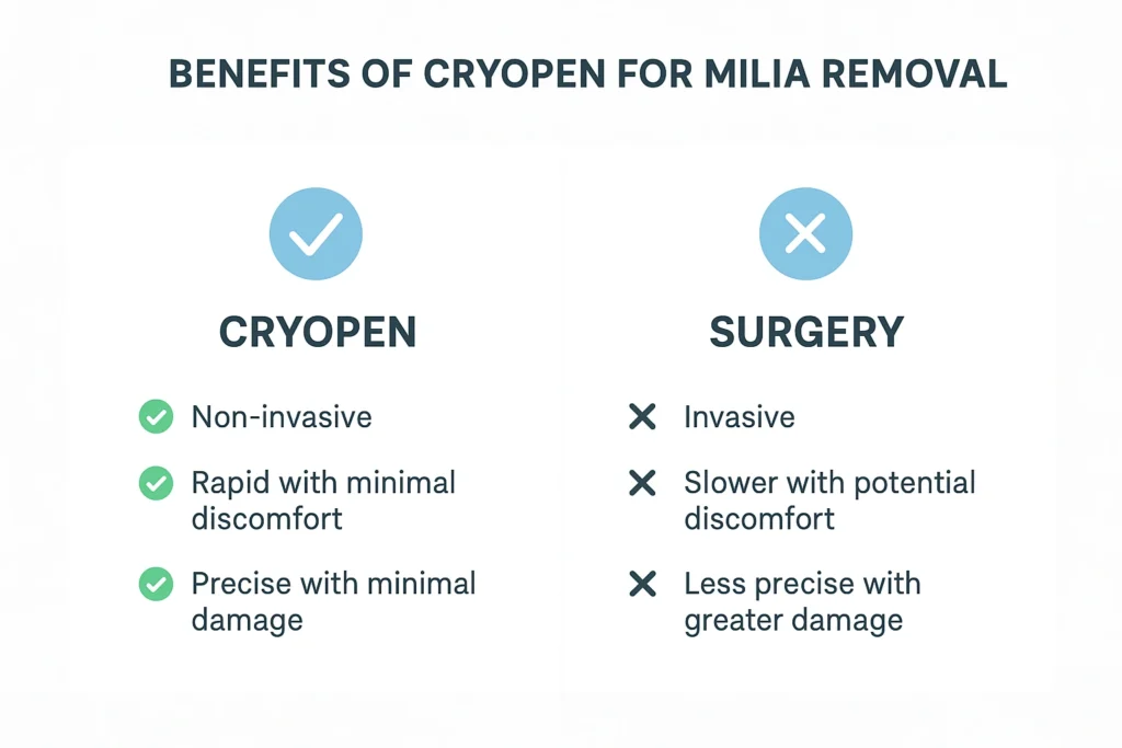 Benefits of cryopen for milia removal Luton compared to surgical treatments.