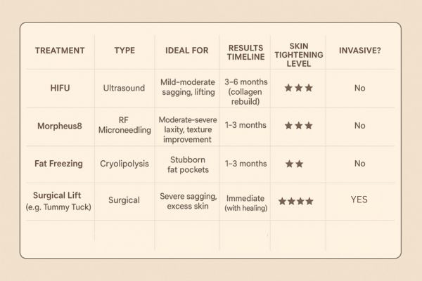Table showing the comparisons of Skin tightening Luton treatment options. 